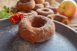 single apple cider donut on a plate, gluten free