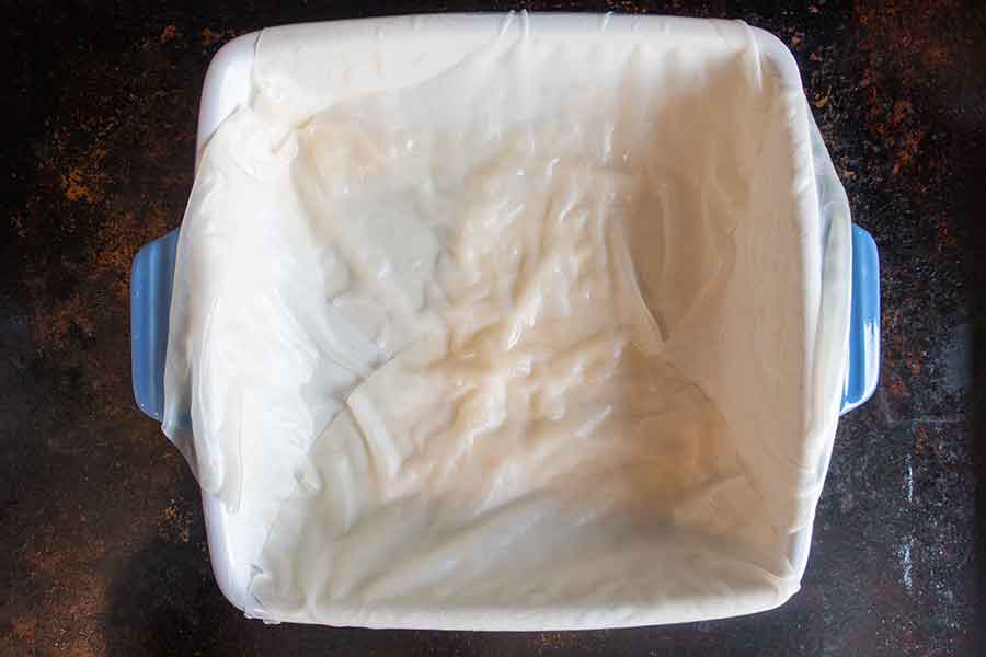 baking pan layered with rice paper