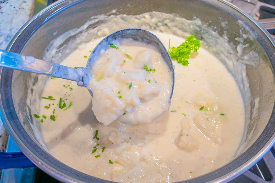 cauliflower and potato soup in a bowll