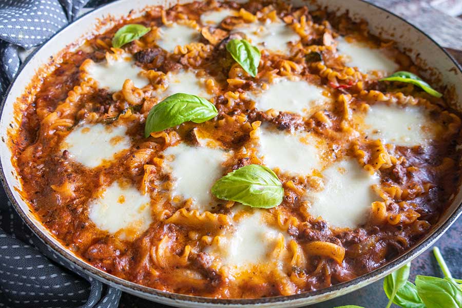 baked stovetop lasagna in a skillet, gluten free