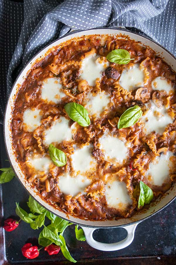 top view of gluten-free lasagna in a pot.