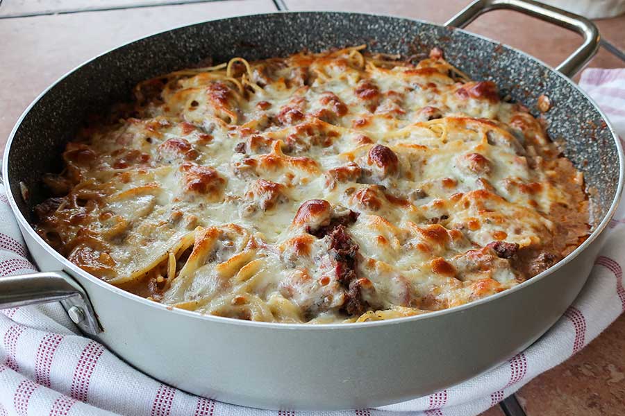 beef and mushroom easy casserole in a large skillet