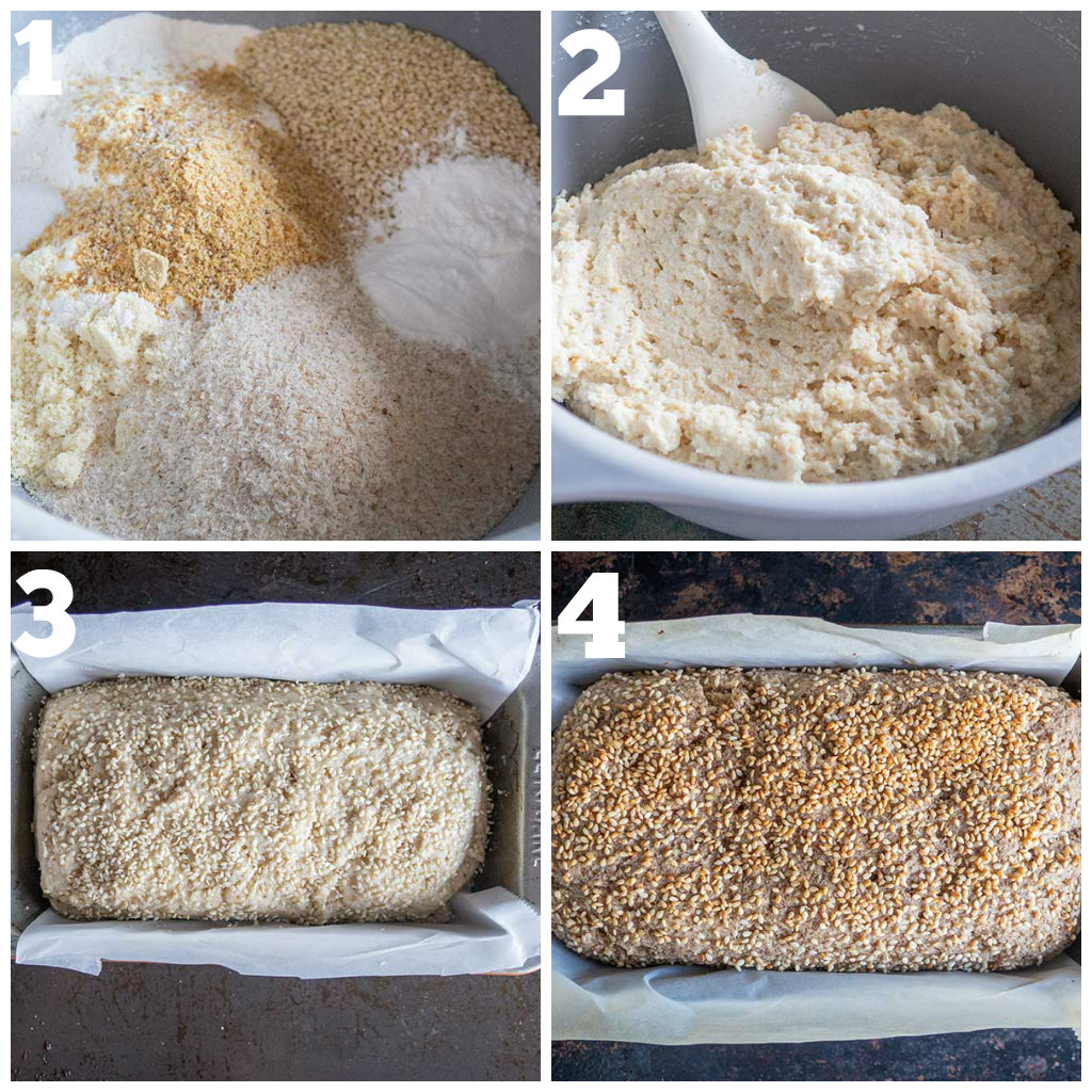 4 images on how to make vegan low carb bread, dry ingredients, wet dough in a bowl, unbaked bread in a pan, baked bread in a pan