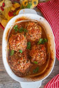 top view of indian spiced stuffed peppers in a dish