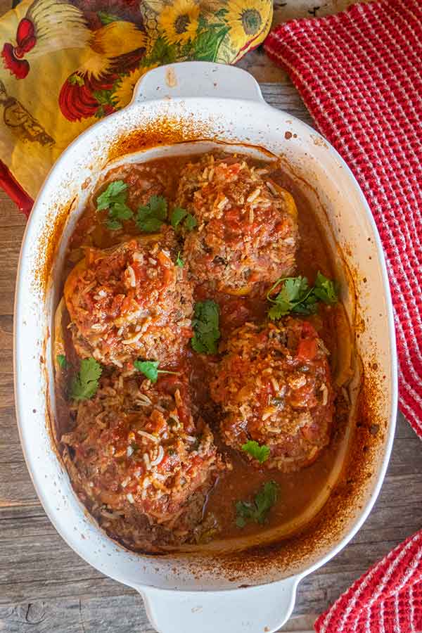 top view of indian spiced stuffed peppers in a dish