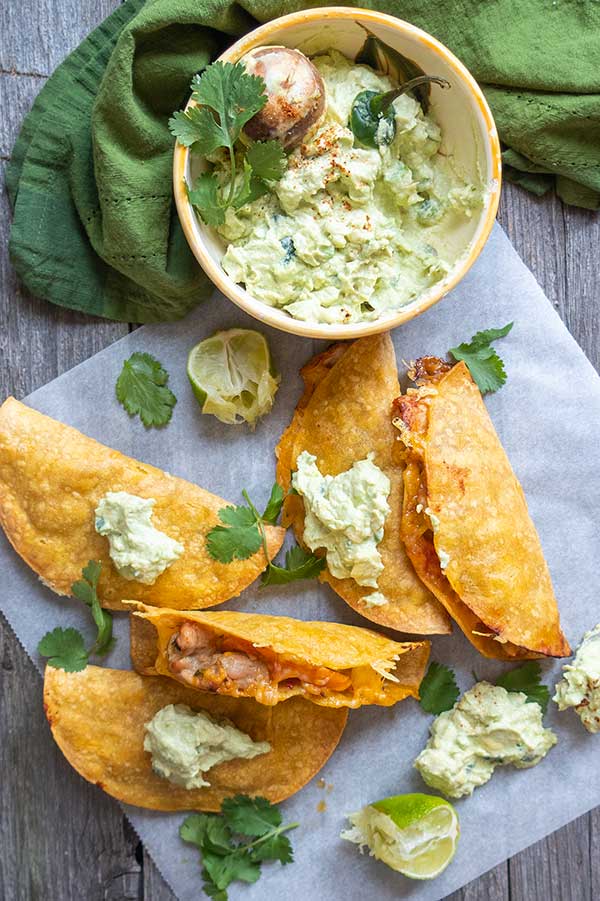 30 Minute Gluten-Free Crispy Carnitas Tacos with Avocado Yogurt Cream