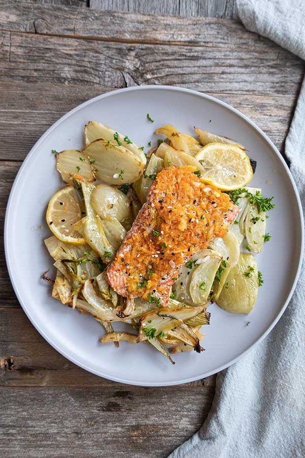 salmon dinner with fennel on a plate