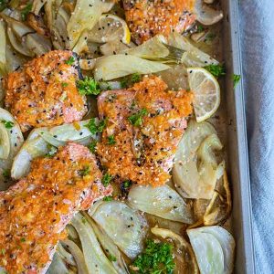 sheet pan ginger salmon with citrus fennel
