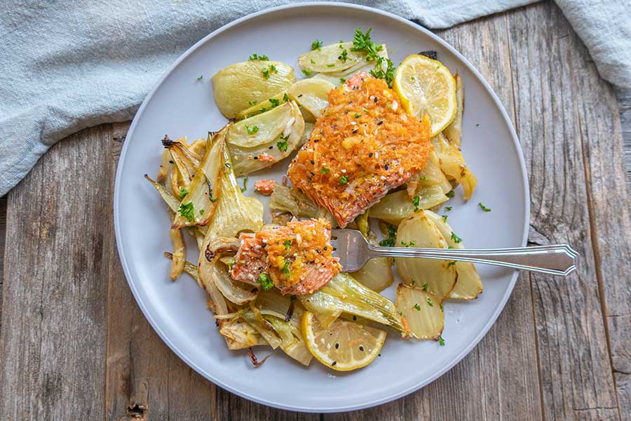 ginger salmon with fennel on a plate