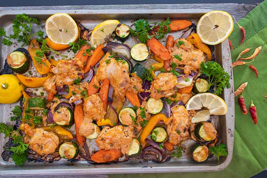 sheet pan, cajun chicken dinner