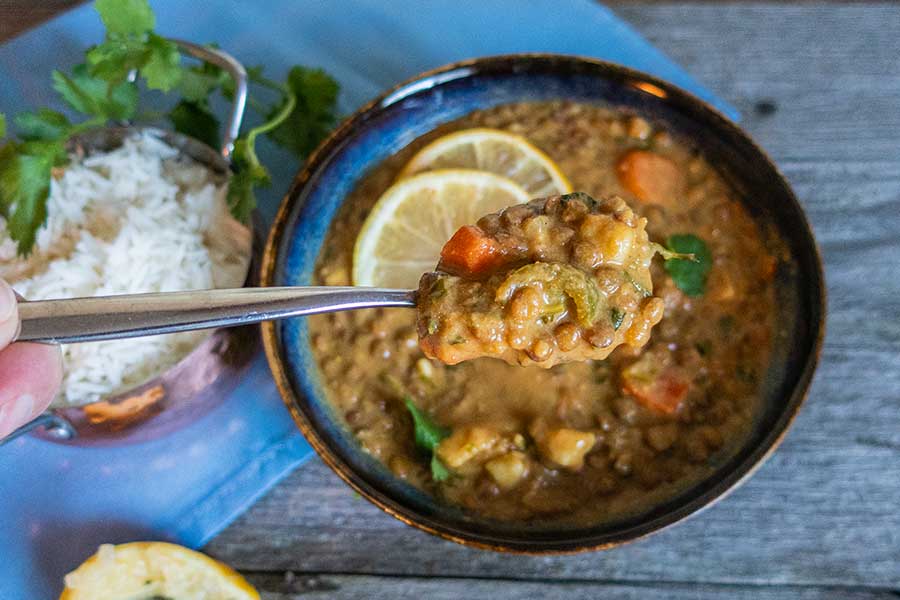 overview of Somali stew on a spoon