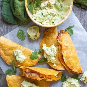 30 Minute Gluten-Free Crispy Carnitas Tacos with Avocado Yogurt Cream