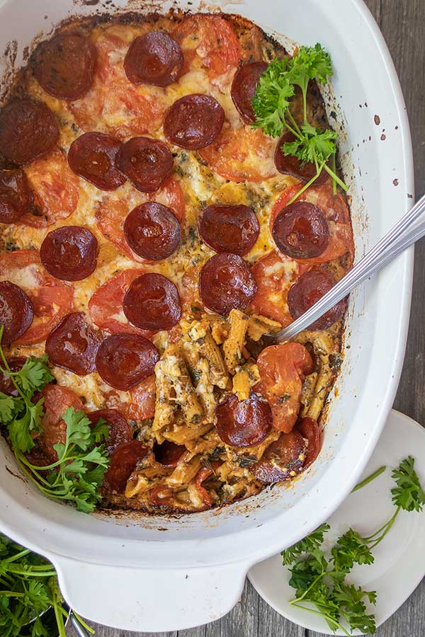 One Pan Baked Cheesy Pepperoni Pasta – Gluten Free