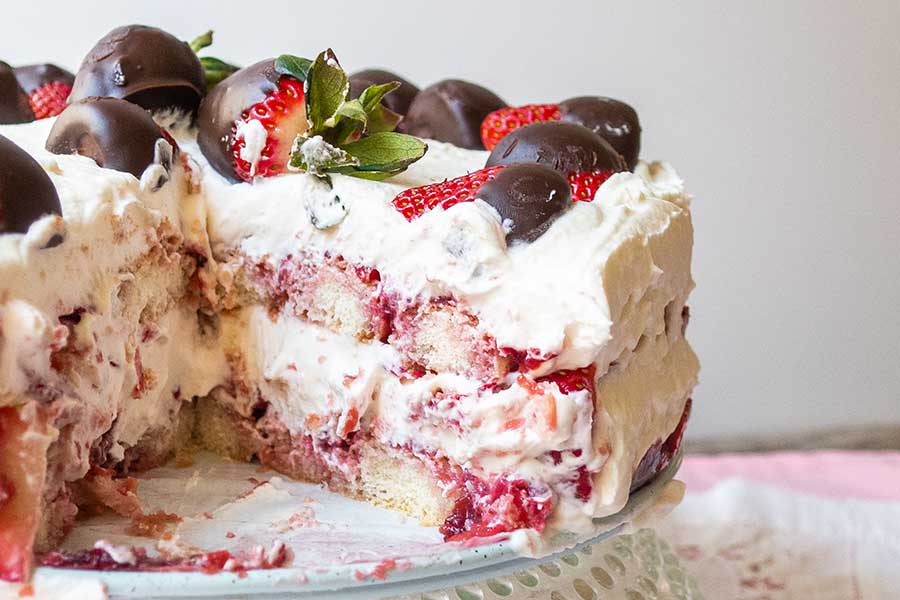 sliced strawberry tiramisu cake, gluten free