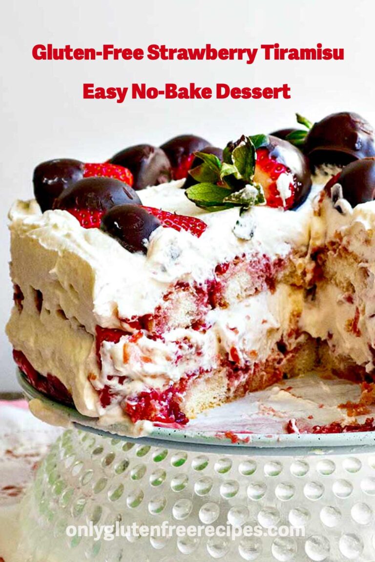gluten-free strawberry tiramisu topped with chocolate-dipped strawberries and mascarpone cream