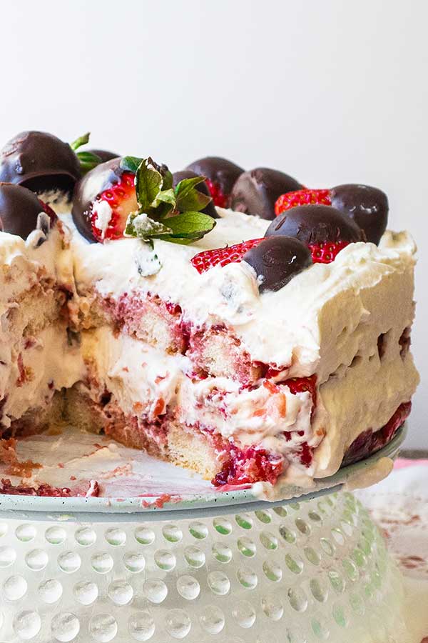 sliced strawberry tiramisu on a plate