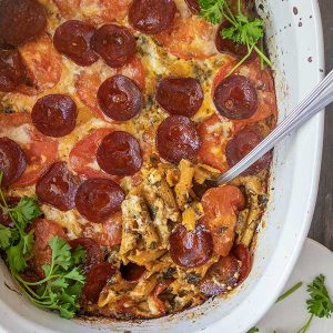 One Pan Baked Cheesy Pepperoni Pasta – Gluten Free