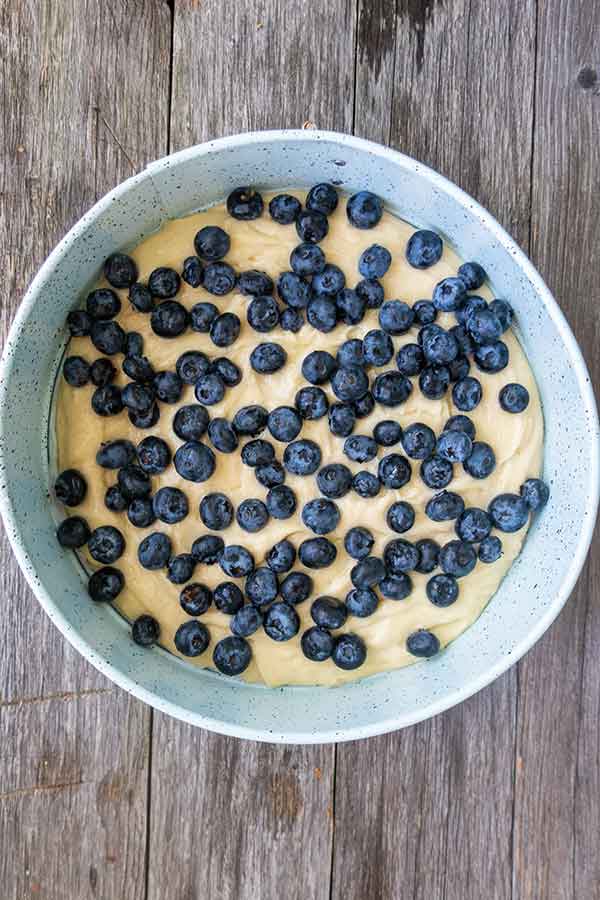 cake batter topped with blueberries in a round pan