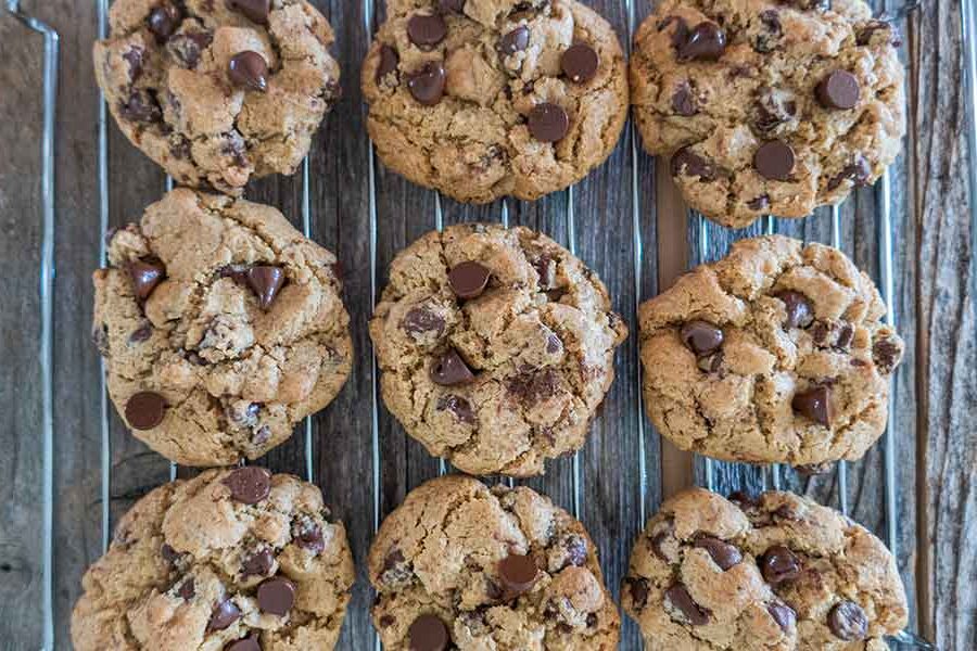 gluten-free chocolate chip cookies on a cooling rack