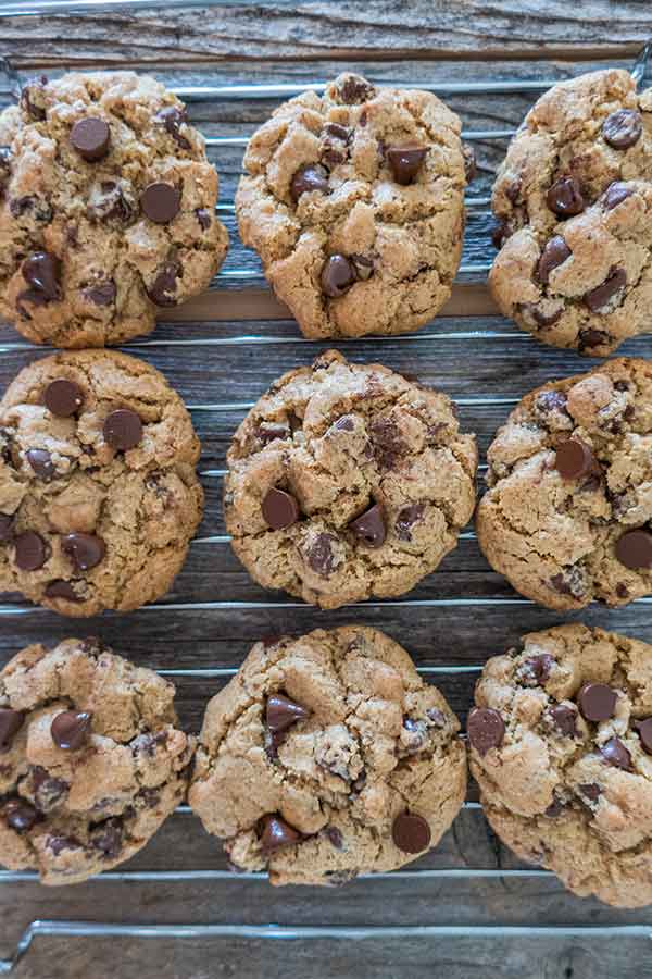 gluten-free chocolate chip cookie on a cooling rack