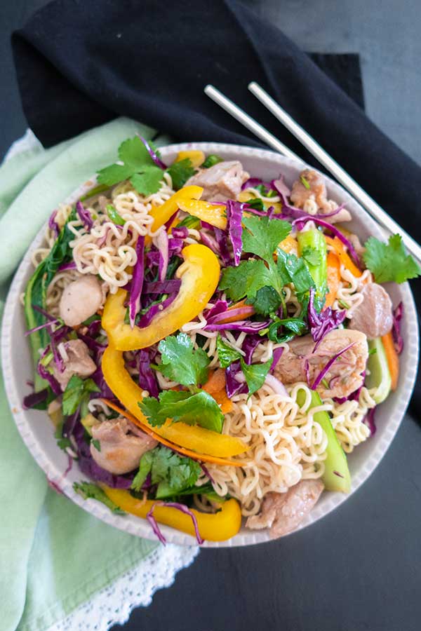 top view chicken ramen noodles salad in a bowl, gluten free