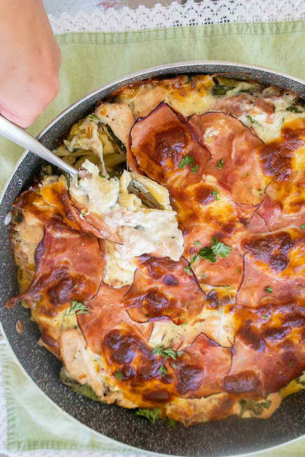 chicken cordon bleu pasta in a skillet, gluten free