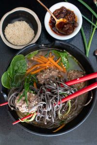 miso noodle soup with meatballs, gluten free
