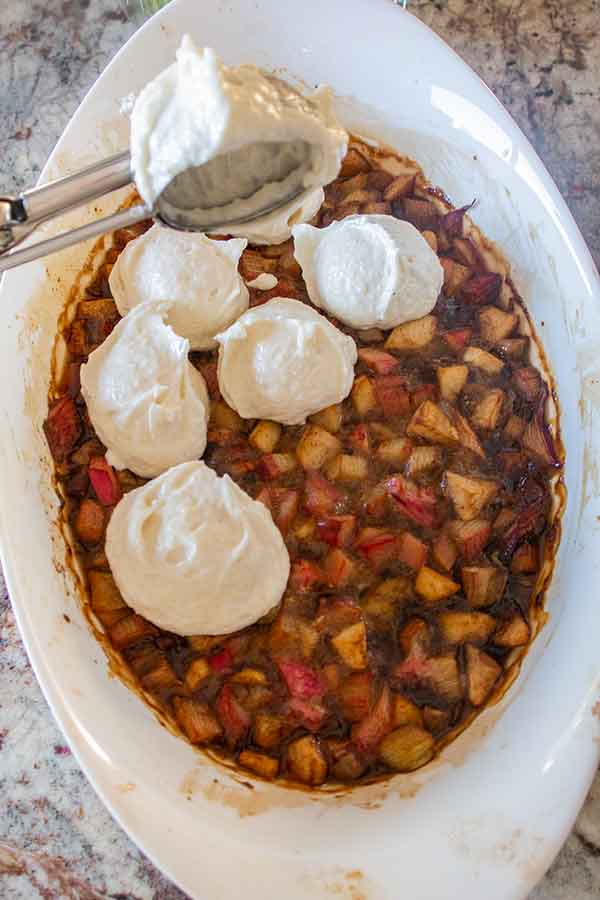 rhubarb cobbler with macaron topping