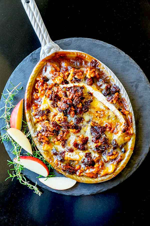 hot camembert dip in a skillet