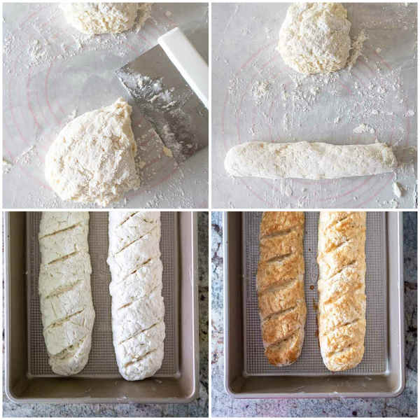 4 images of making bread, ball of dough, shaping dough, two unbaked loaves in a pan, two baked loaves in a pan