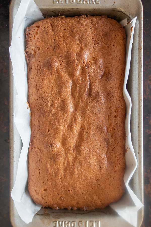 baked gluten free pound cake in a loaf pan