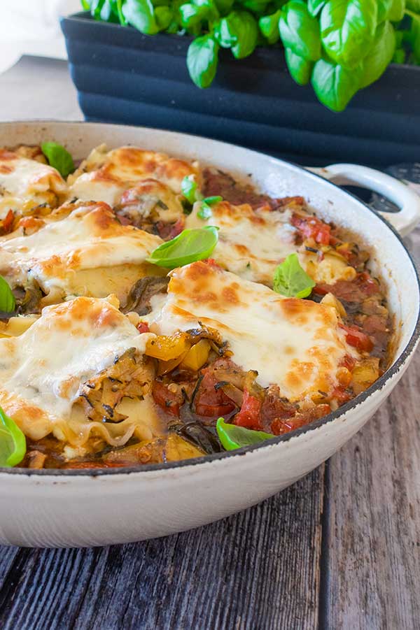 baked gluten free cheese lasagna roll ups in a skillet