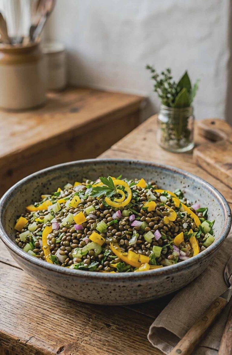 healthy summer lentil salad with veggies and light vinaigrette in a bowl