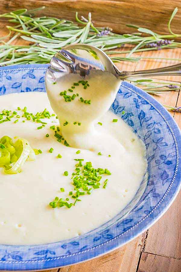 VEGAN Vegan Vichyssoise in a bowl for entertaining