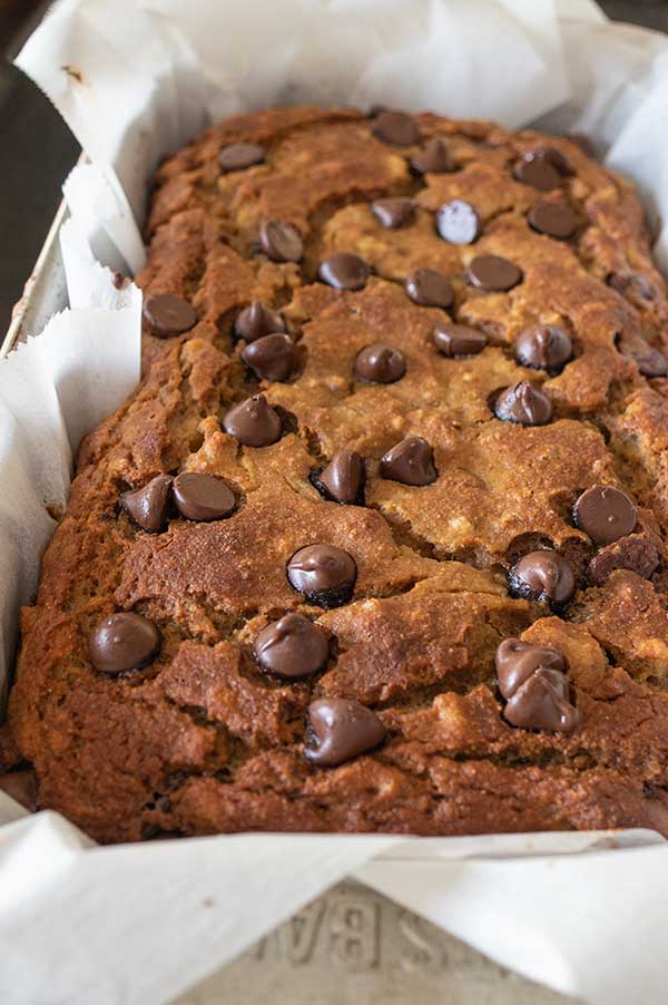 close up of baked coconut flour banana bread with chocolate chips