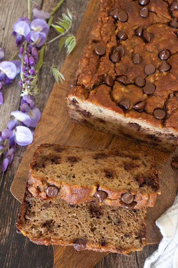 oveview of sliced banana bread with chocolate chips