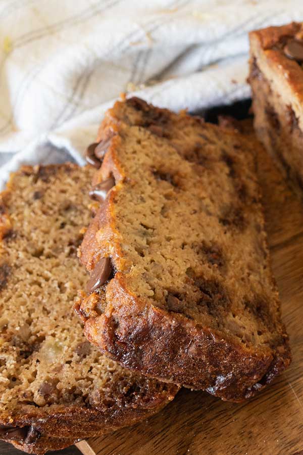 2 slices of coconut flour banana bread with chocolate chips