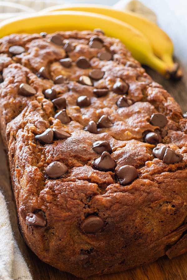 loaf of coconut flour banana bread with chocolate chips