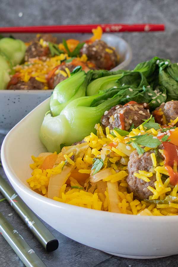 firecracker rice bowl with sesame meatballs