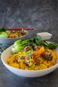 firecracker rice bowl with sesame meatballs