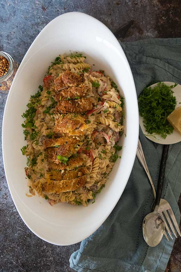  Crispy Parmesan Chicken Pasta in a serving dish