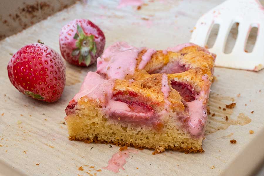 a slice of strawberry snacking cake