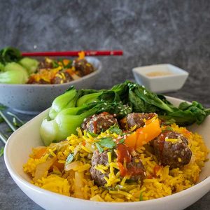 Firecracker Rice Bowl with Sesame Meatballs