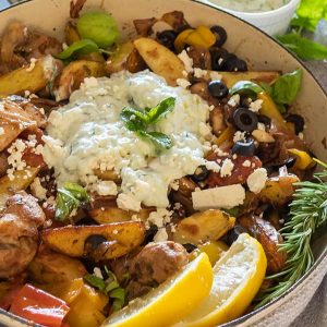Skillet Greek Chicken with Potatoes, Tomatoes, Peppers & Olives