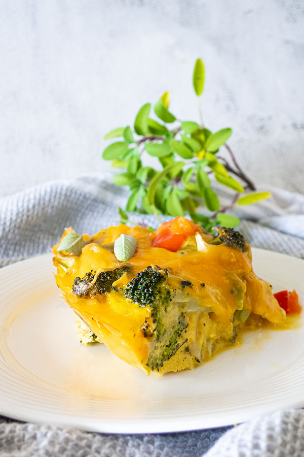 slice of broccoli cheddar pie on a plate, low-carb