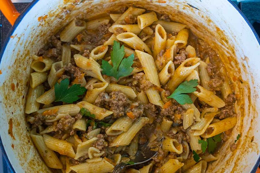 hamburger helper with pasta in a pot, gluten-free