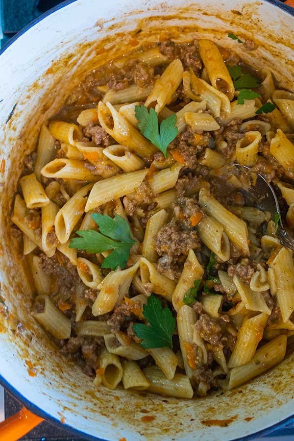 hamburger helper with pasta in a pot