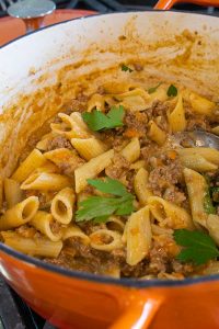 hamburger helper pasta in a pot.