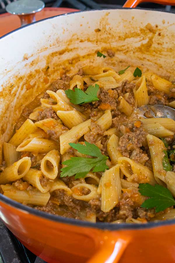 hamburger helper pasta in a pot.