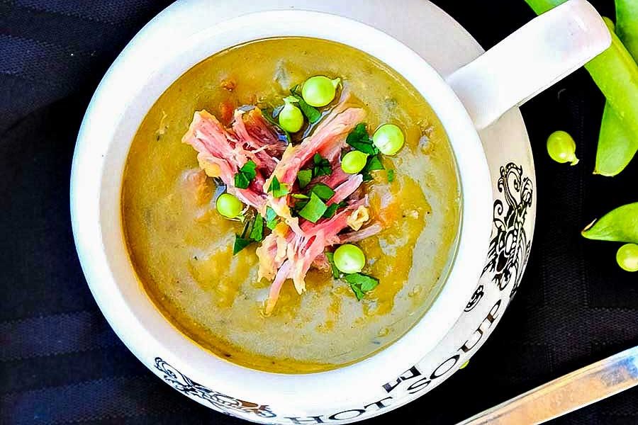split pea soup with ham in a cup